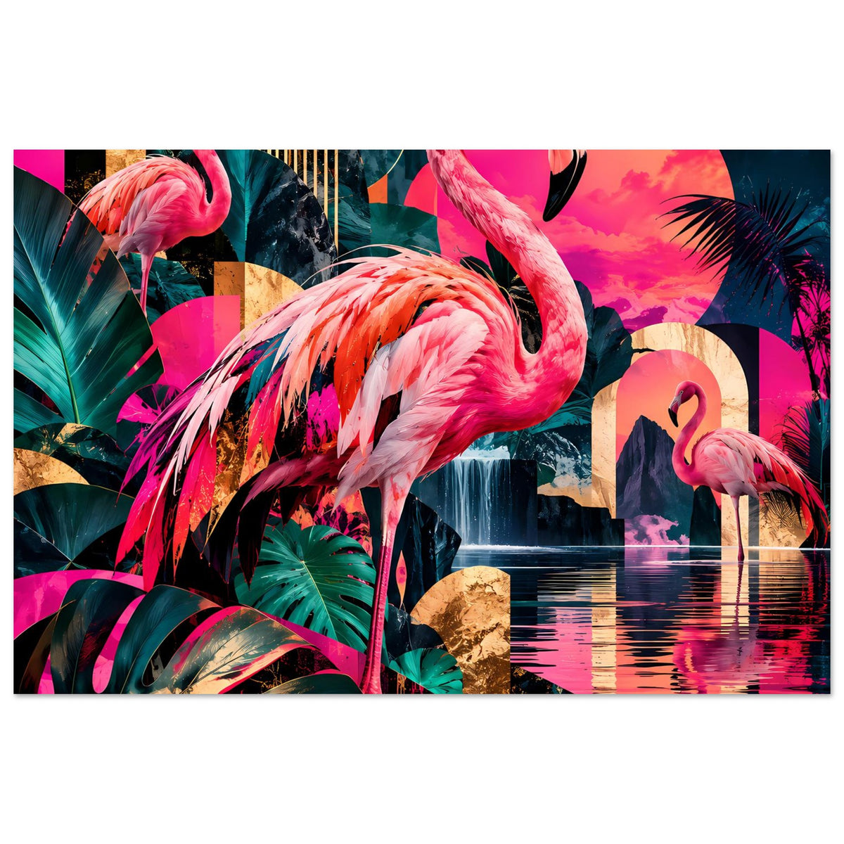 Querformat-Poster mit Flamingos vor Säulenbogen, tropische Farben und spiegelndes Wasser