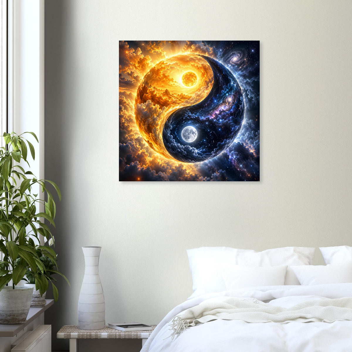 Cosmos-Yin-Yang-Poster an Wand, goldene Sonne und blaues All mit Mond, im Rahmen