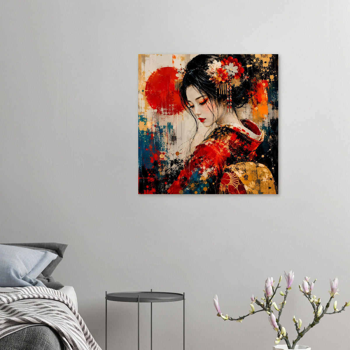 Kleines Poster: japanische Geisha im roten Kimono, schwarzes Haar mit Blumenhaarschmuck