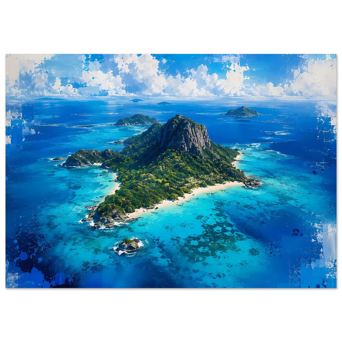 Poster tropische Insel mit Felsberg und Küste, türkisblaues Wasser mit vielen Riffen