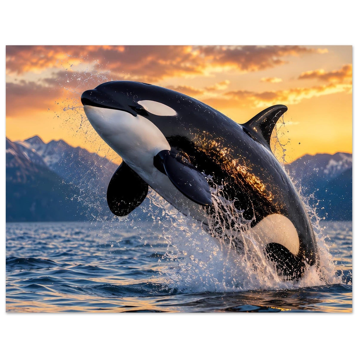 Poster mit springendem Orca, schwarz-weiß gemustert, Wasser spritzt um die Flossen.