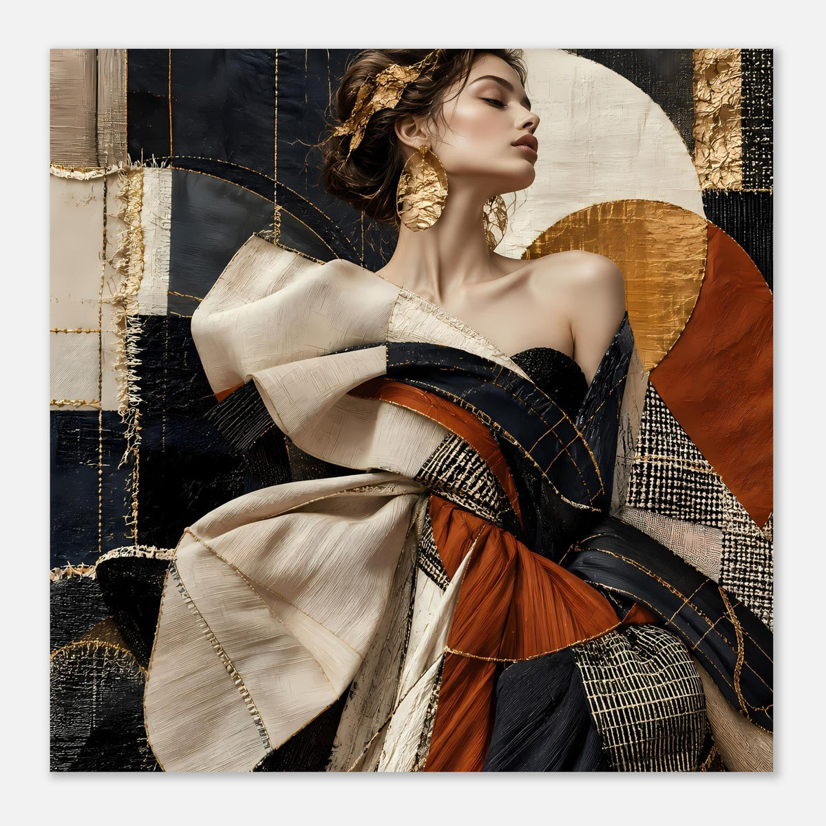 Querformatiges Kunstposter: Göttinnenporträt mit Frau im Profil, Gold, Creme und Terrakotta