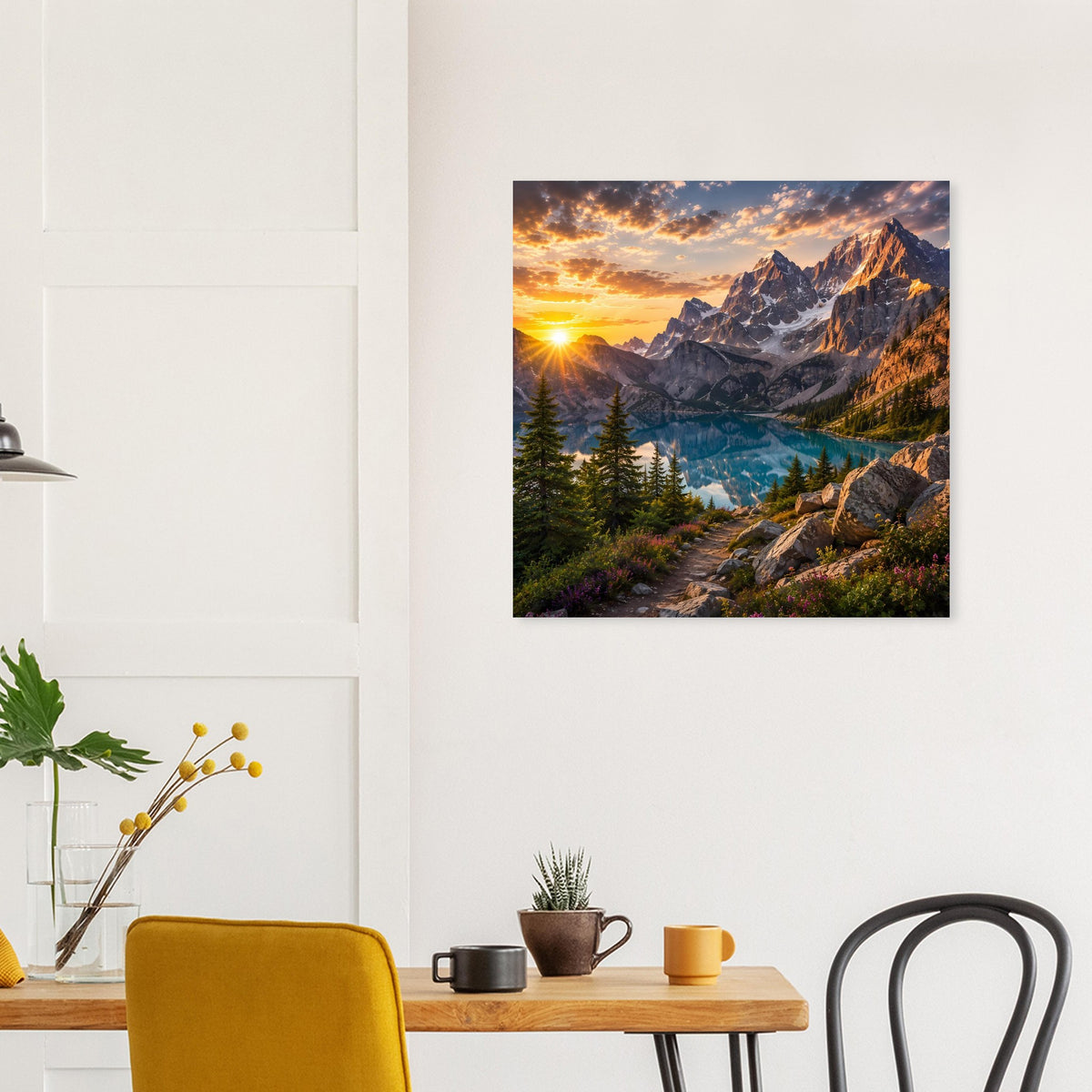 Quadratisches Poster mit Berglandschaft, blauem See und goldener Morgenstimmung