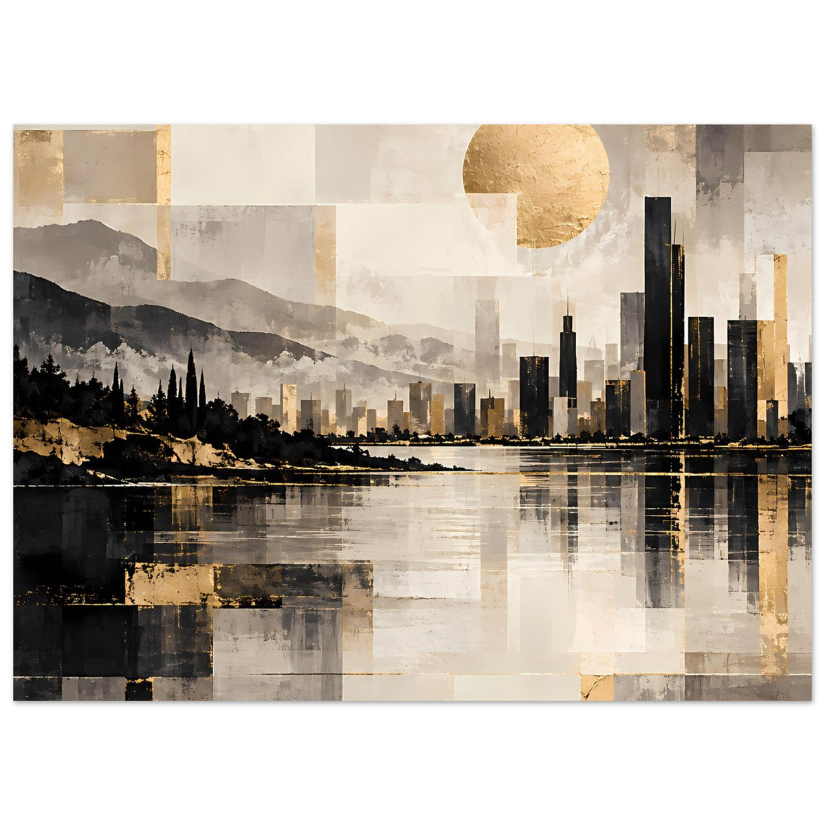 Breites Stadtposter mit goldenen Mustern, dunkler Skyline, Fluss und ruhigem Himmel