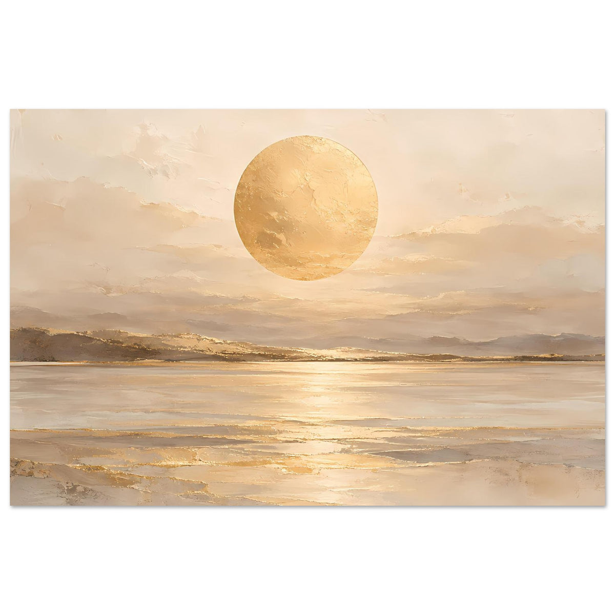 Breitformat Kunstposter: beiges Landschaftsmotiv, goldener Kreis über dem Horizont und Lichtreflexe
