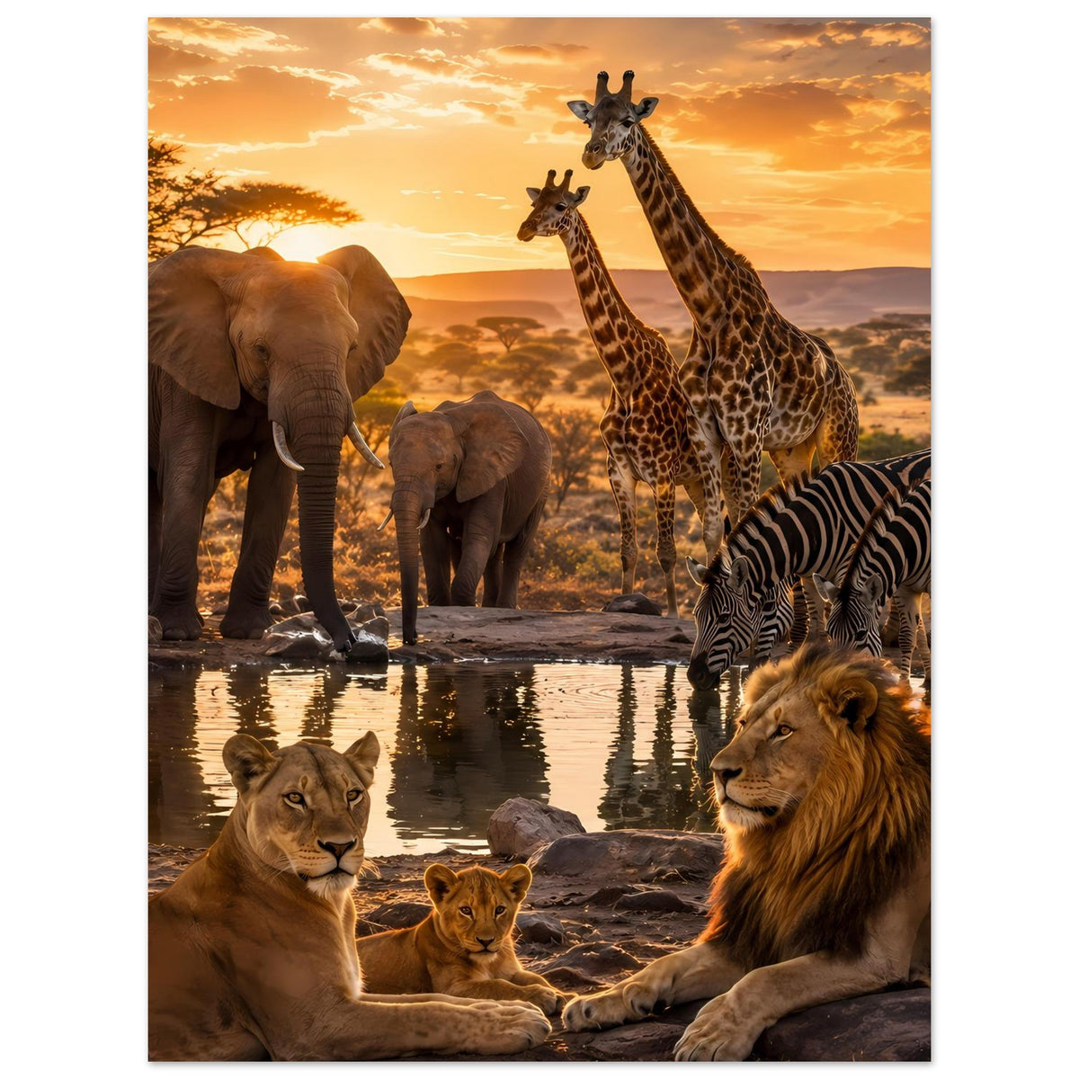 Hochformat-Poster mit zwei Löwen, Elefanten, Giraffen und Zebras an einer Wasserstelle