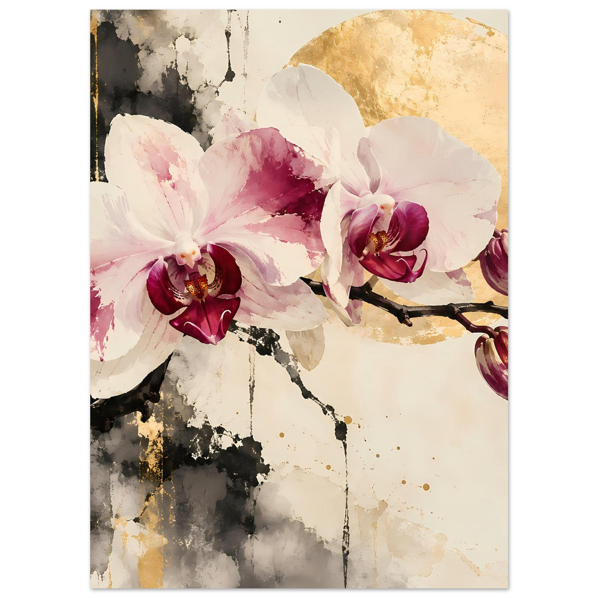 Blumenposter mit Orchideenblüten, violetten Blütenkelchen und goldenen Sprenkeln
