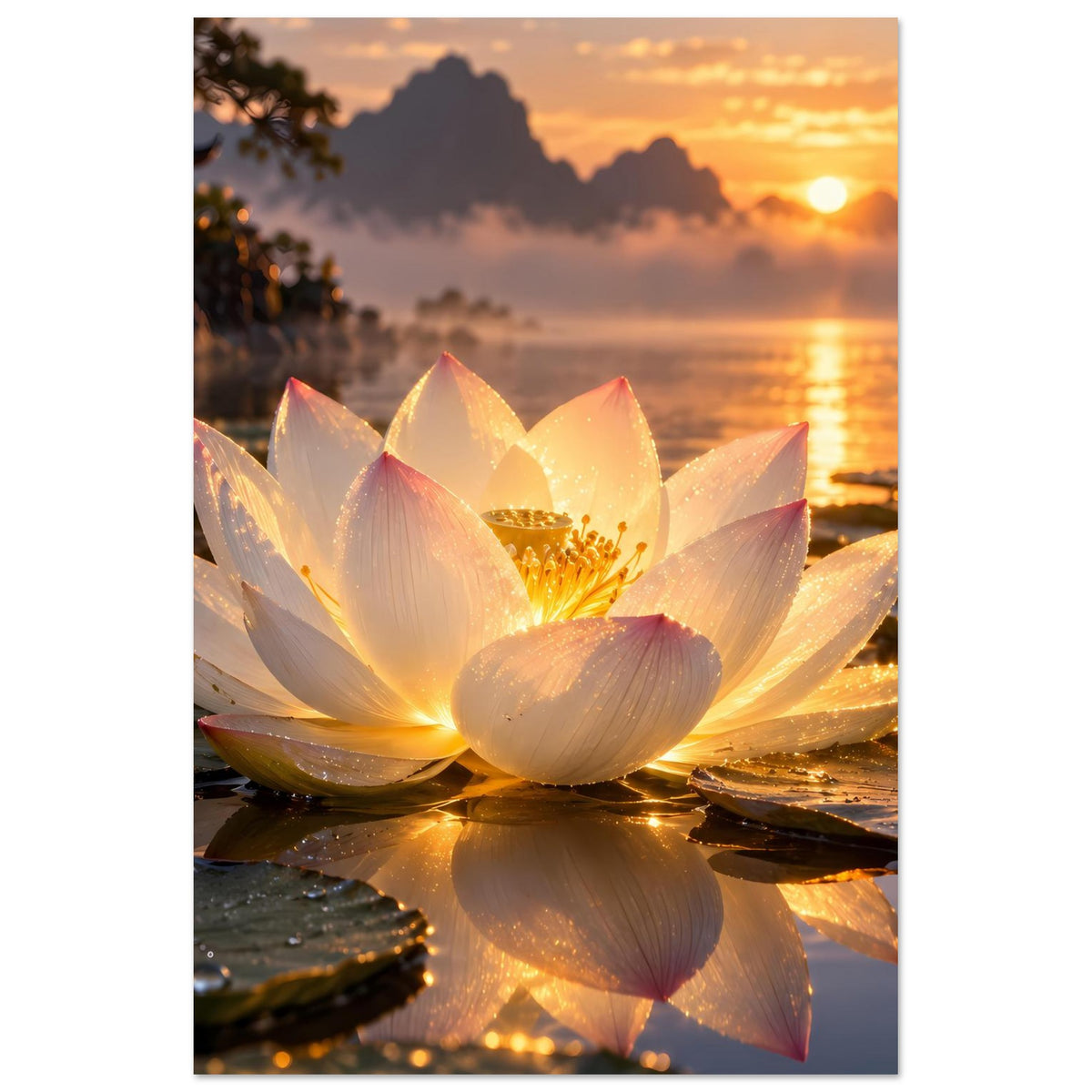 Poster mit Lotusblüte und warmem Sonnenlicht, zarte Schatten und Spiegelbild im Wasser