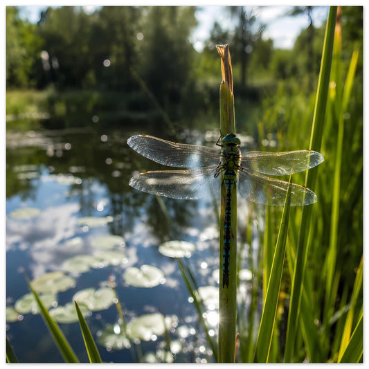 Poster mit Libelle auf Schilfhalm über ruhigem Wasser, Flügel seitlich ausgebreitet