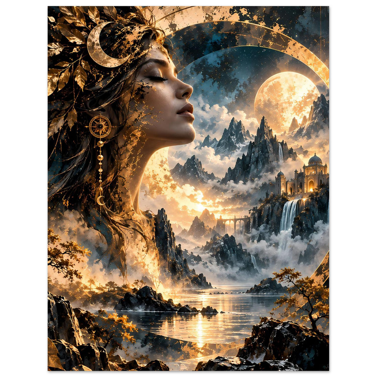 Poster im Hochformat mit Göttin im Profil, Sternenmeer, Halbmond und Lichtreflex am See