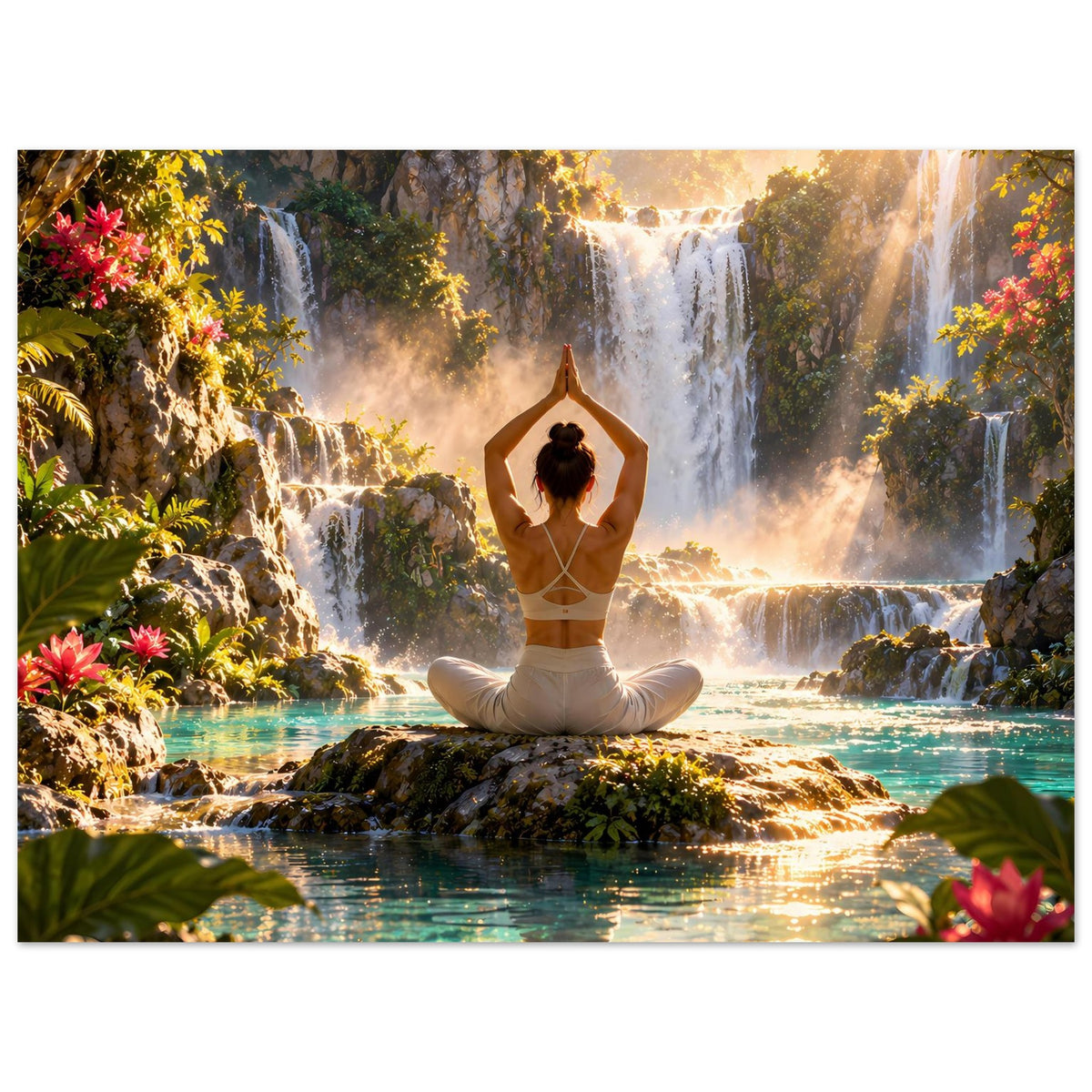 Yoga-Meditationsposter: Frau im Lotussitz vor Wasserfall, Blumen und Felsformationen
