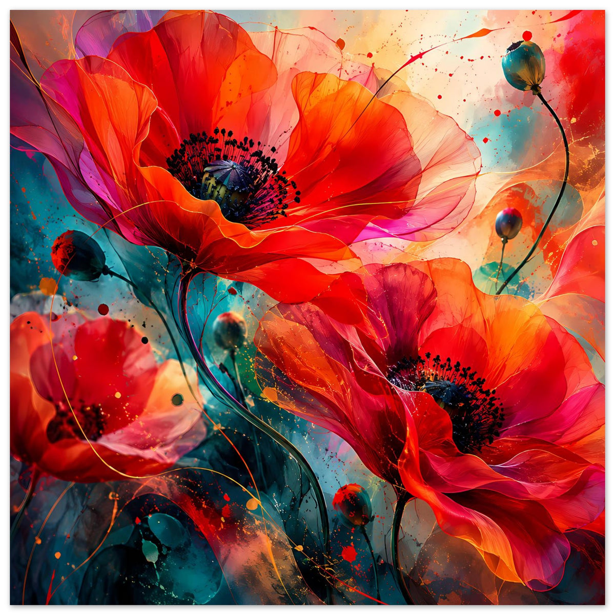 Blumen-Poster im Querformat: leuchtend rote Blüten, türkisfarbene Stiele, Farbkleckse und Linien