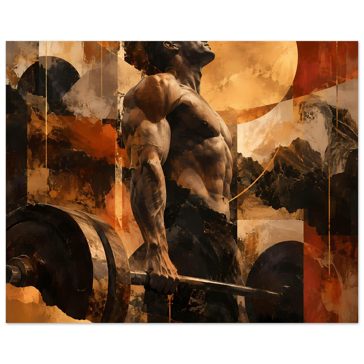 Gerahmtes Fitness-Artposter mit muskulösem Hund und Hantelstange in warmen Brauntönen