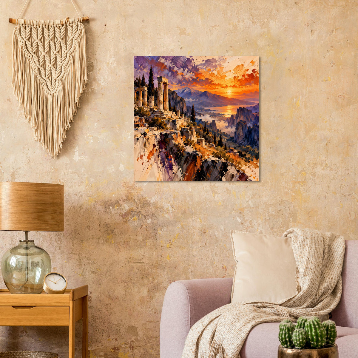 Matte Poster mit Sonnenuntergang über antiken Ruinen und farbiger Landschaft im Abendlicht.