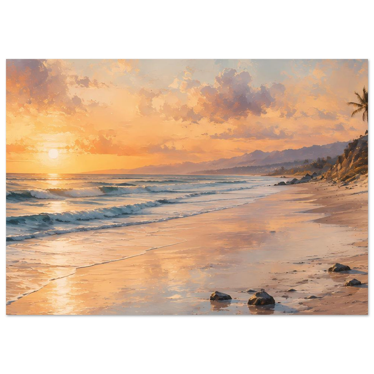 Strand-Sonnenuntergang Poster auf mattem Papier, querformat, mit Sonnenuntergang am Horizont