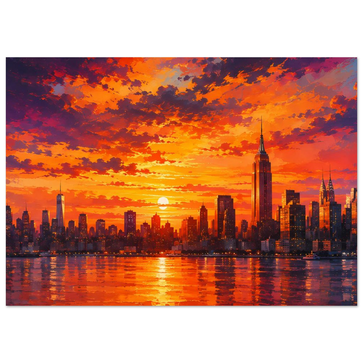 Querformat-Poster: leuchtende Skyline bei Sonnenuntergang, Reflexe und orangefarbener Himmel