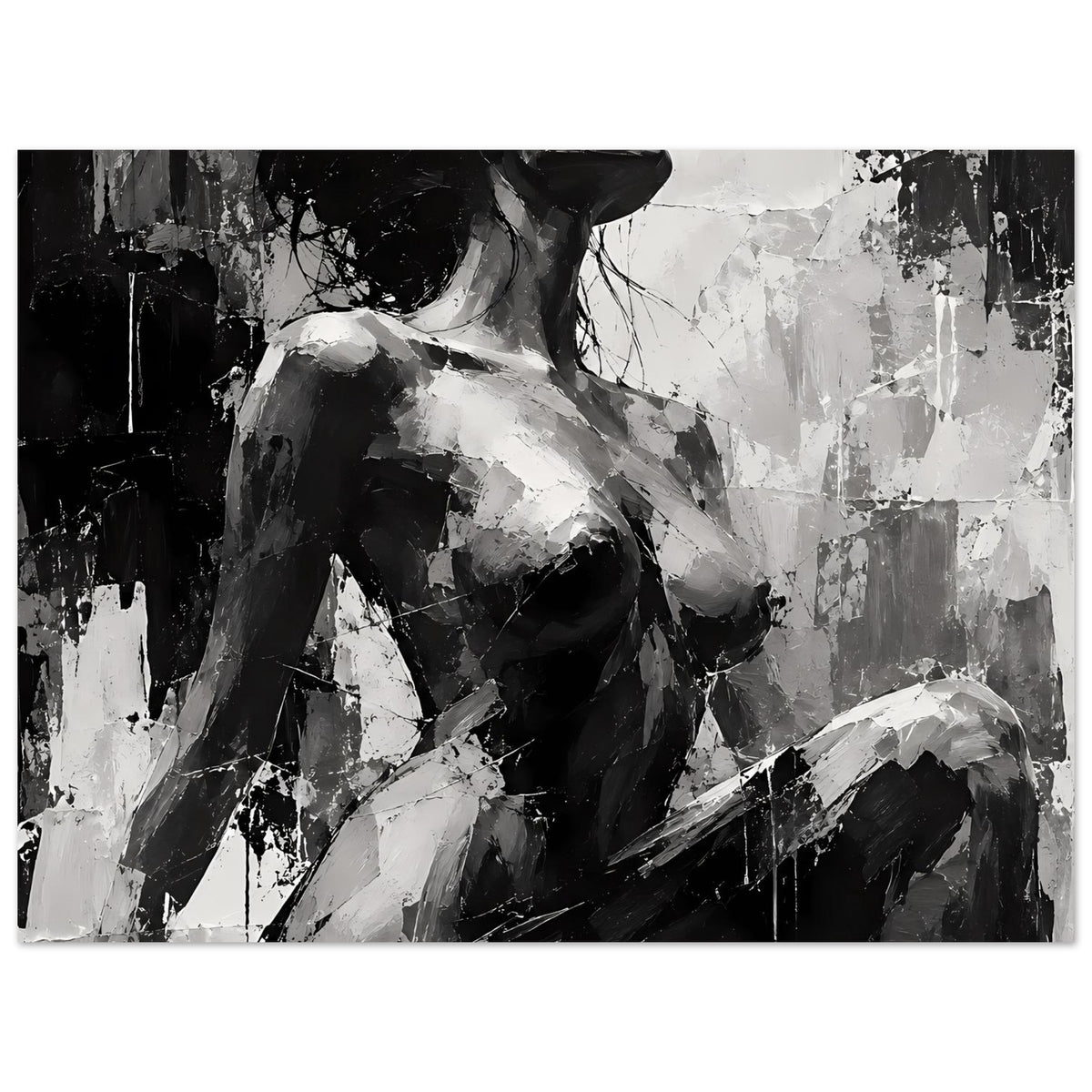 Schwarzweißes Kunstposter mit abstraktem Frauenakt-Porträt, Arm und Figur deutlich hervorgehoben