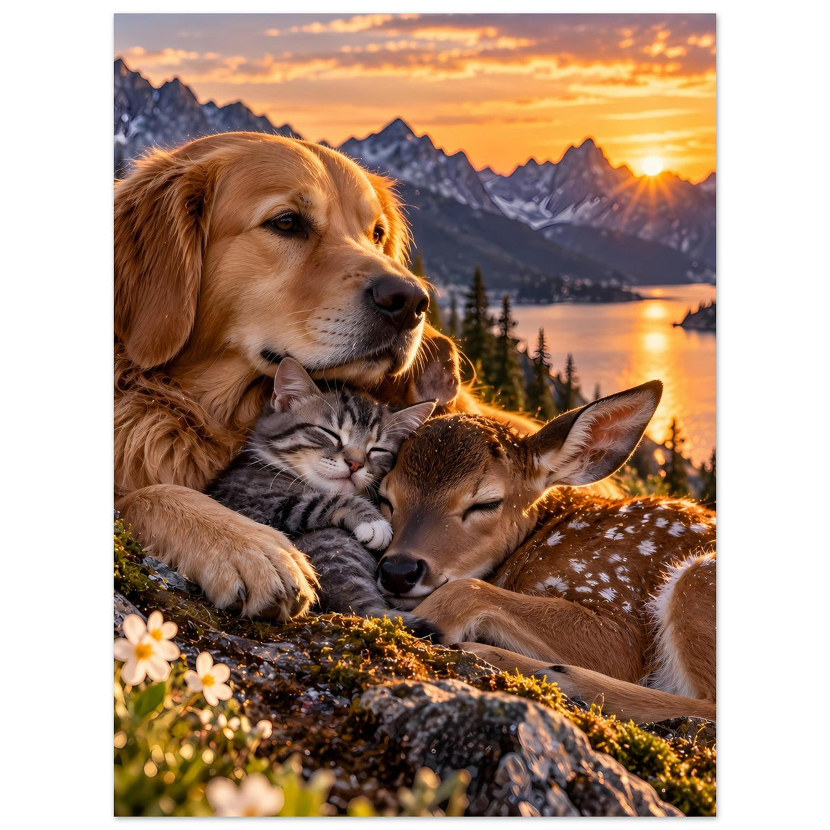 Hochformatposter: goldbrauner Hund umarmt Katze, daneben Reh mit weißen Sprenkeln