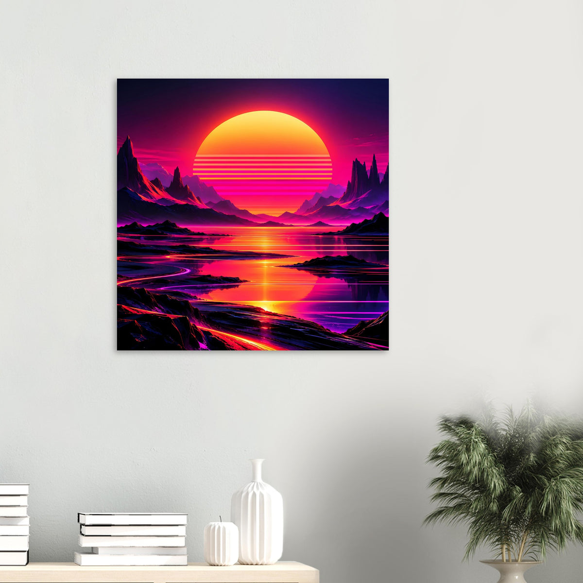 Neon-Poster klein im Raum: retro Sonnenuntergang über Bergen und Wasser, orangegelbe Sonne