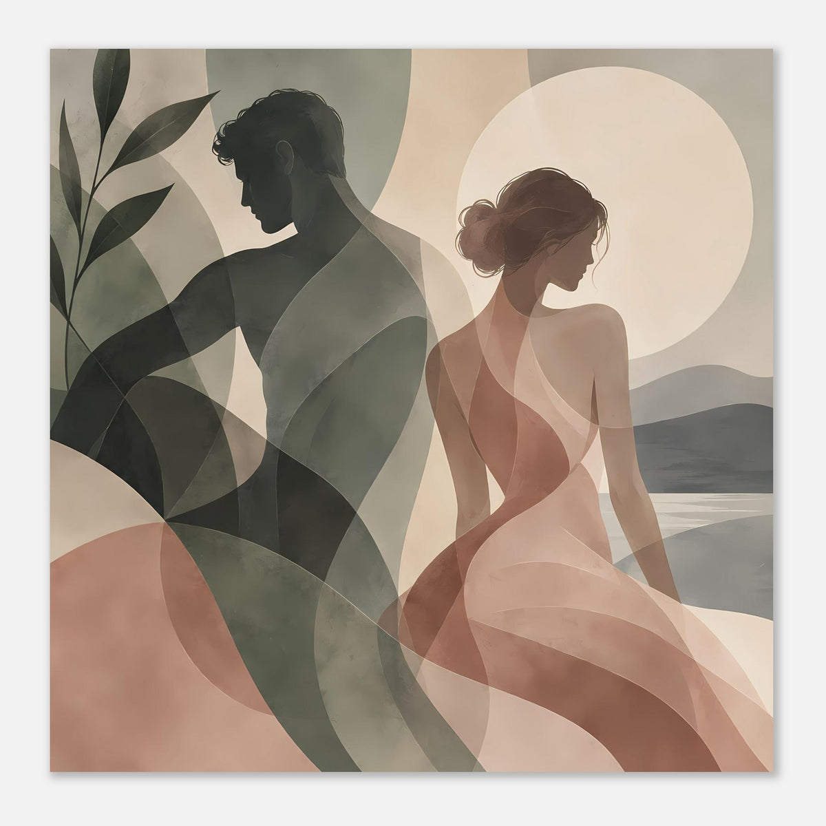 Gerahmtes Wandposter mit zwei Profil-Silhouetten, abstrakten Blatt- und Wellenformen