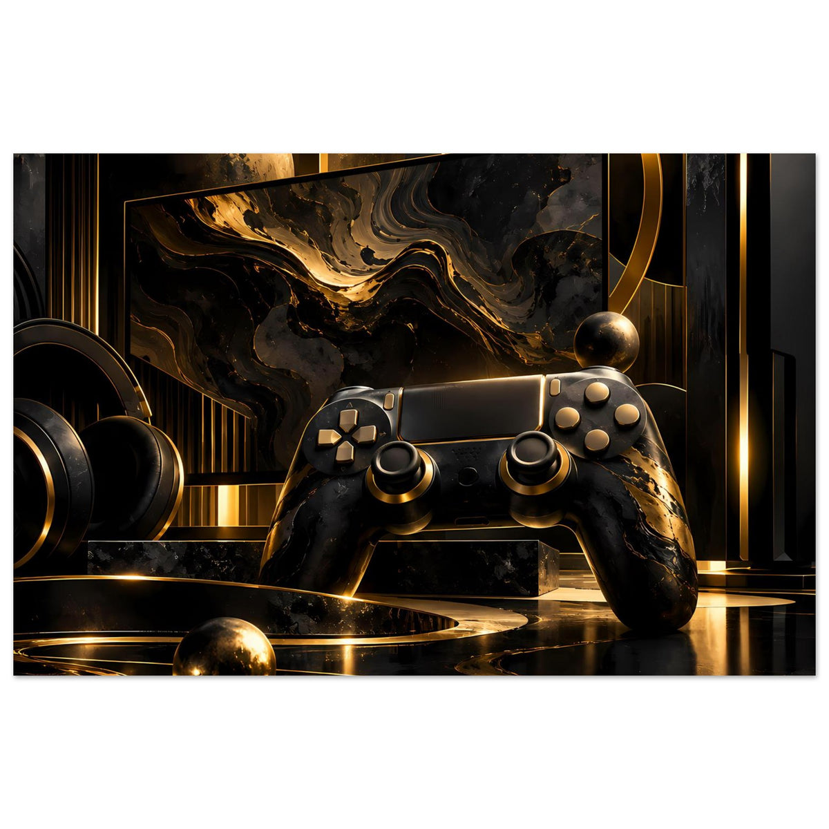 Gaming-Poster: Gamecontroller in Schwarz-Gold mit abstrakten Linien und Kreisen