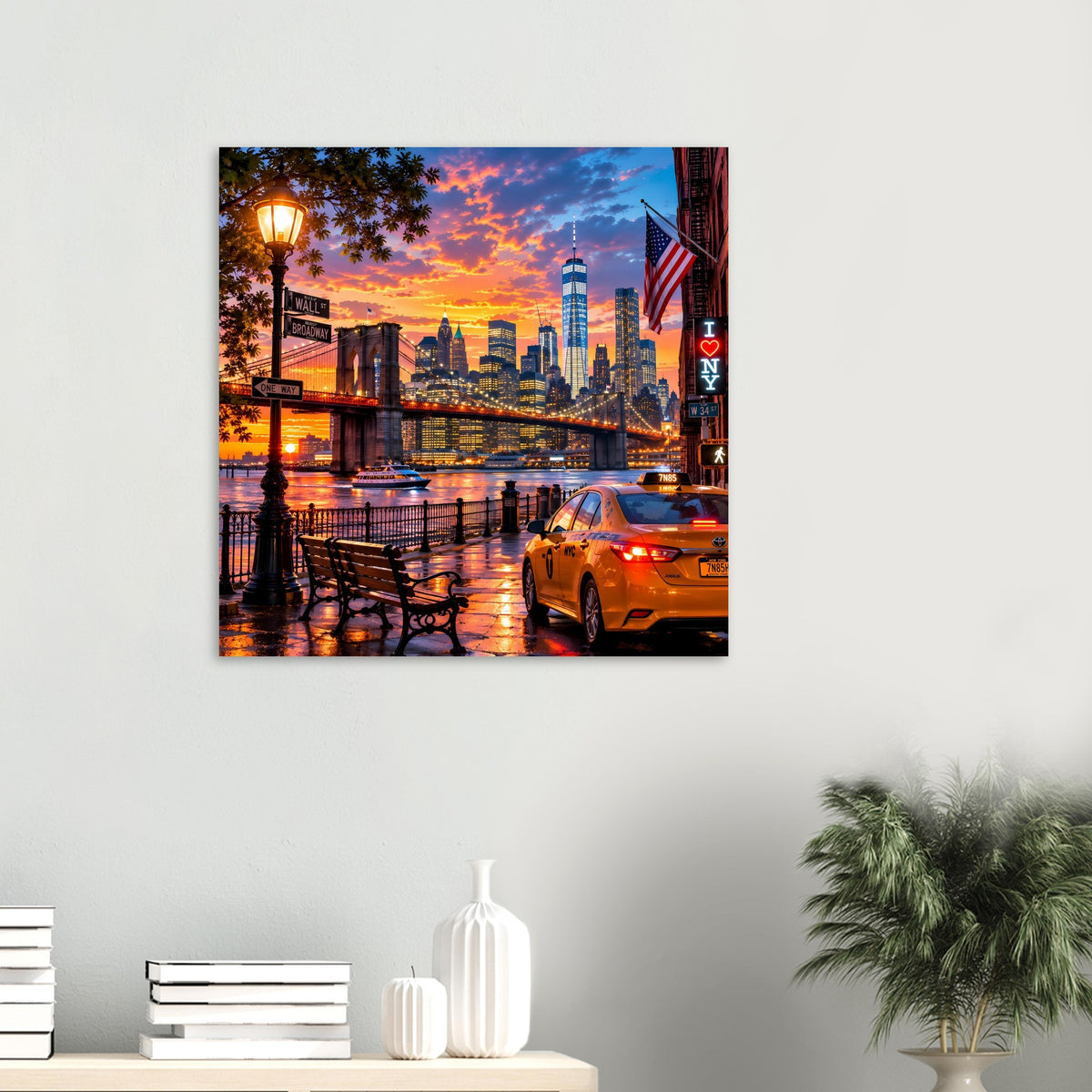 Wandposter mit New-York-City-Skyline bei Sonnenuntergang, Brücke und beleuchtete Gebäude