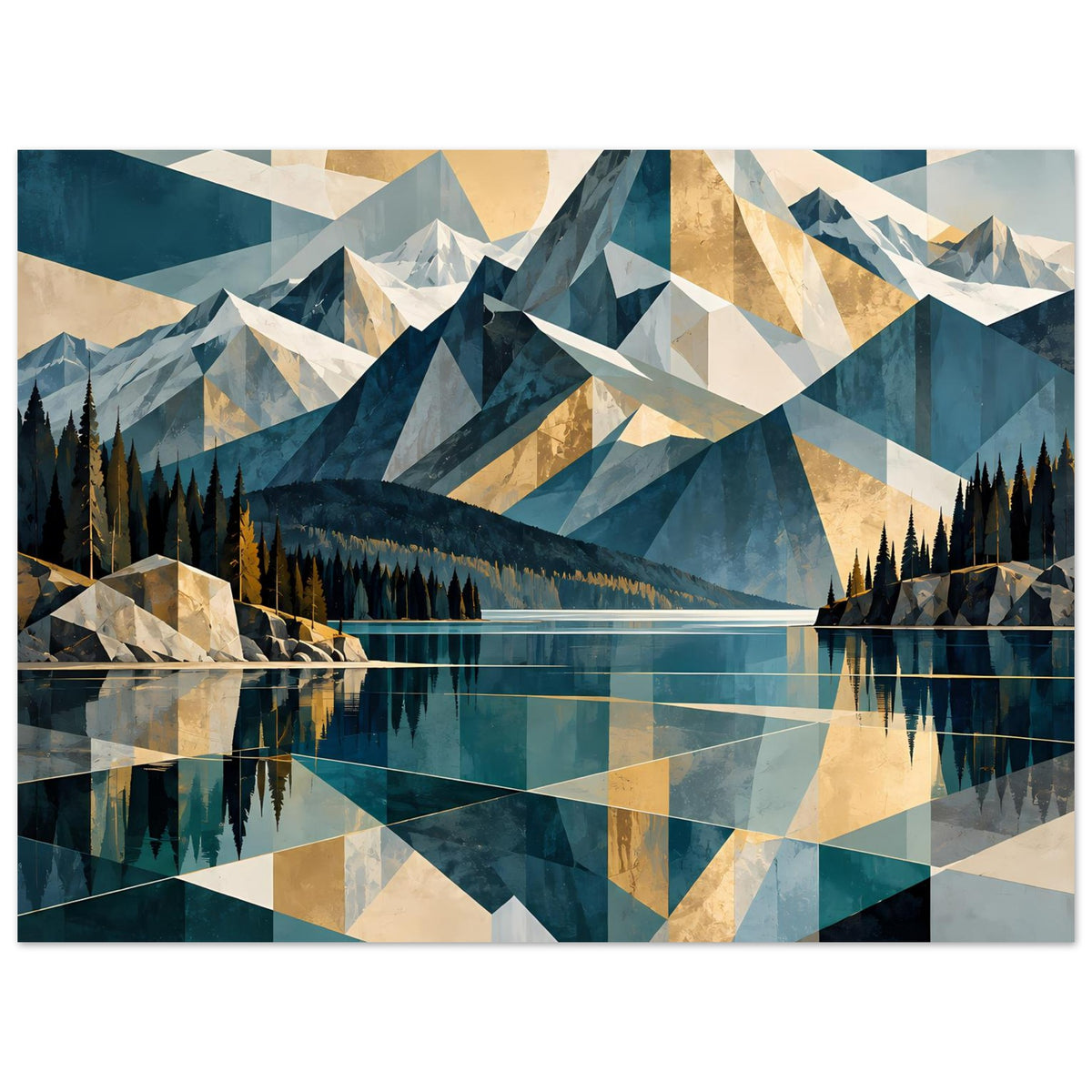 Wandposter Panorama mit abstrakten Dreiecken, Bergen, Tannenwald und ruhigem See