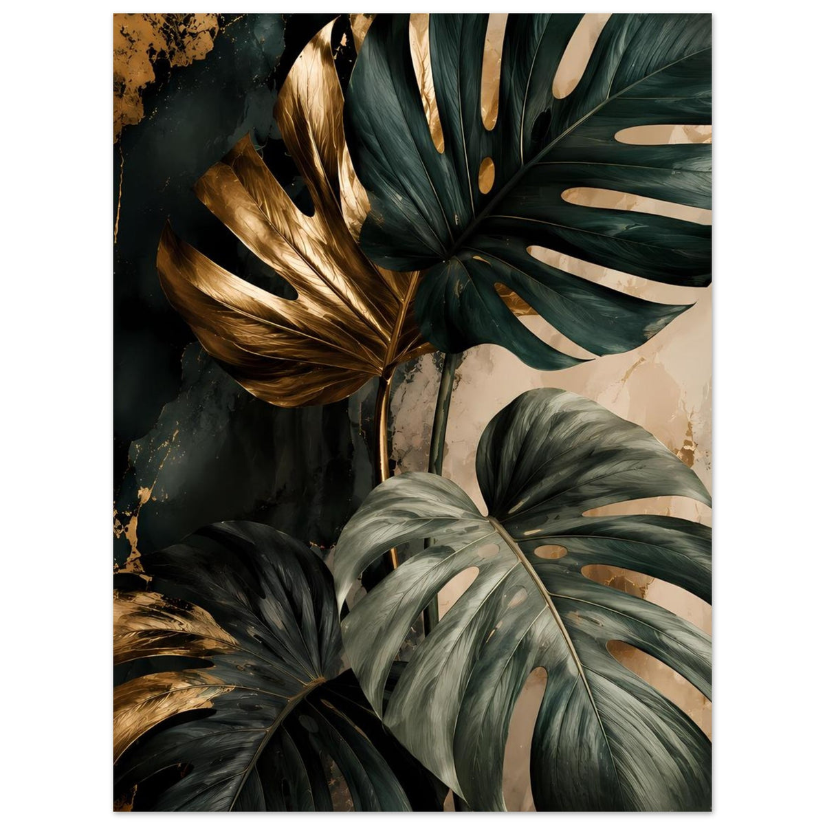 Poster mit Monstera-Blättern in Dunkelgrün, goldene Streifen als Akzent