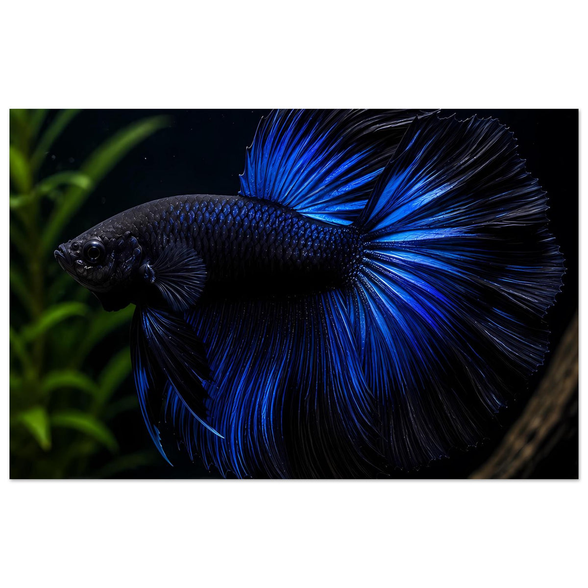 Poster mit blauem Betta-Kampffisch, breiter Flossenschweif und dunkler Körper