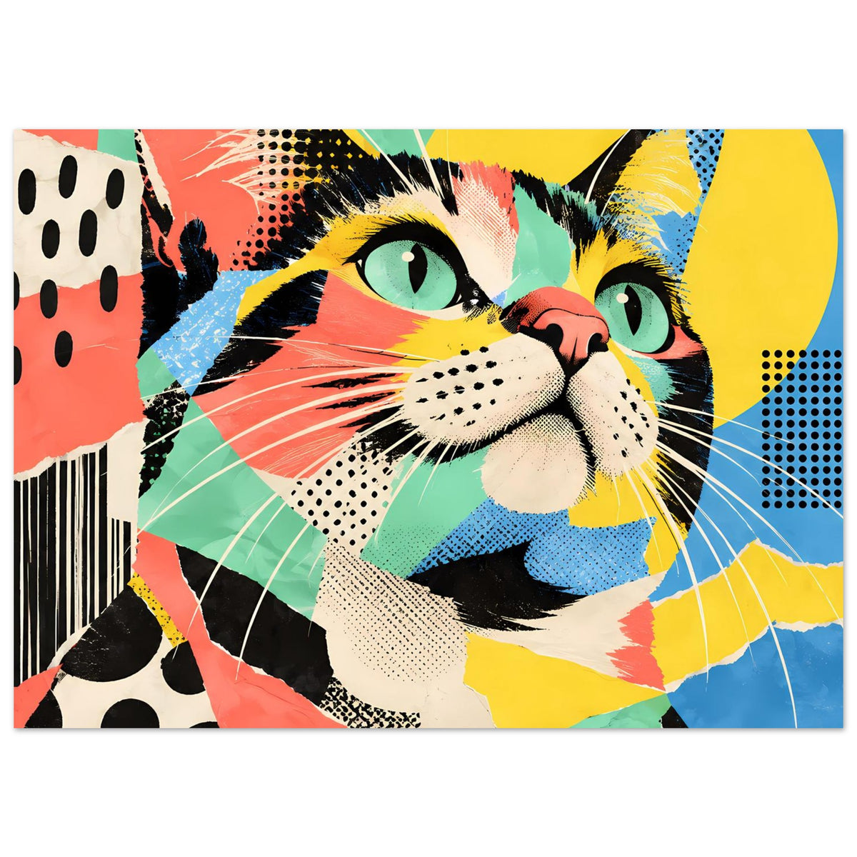 Horizontales Pop-Art-Katzenposter mit kontrastreichen Formen, gepunkteten und gemusterten Flächen