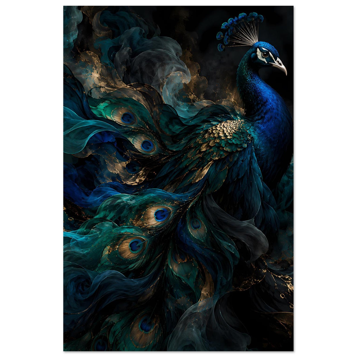 Kunstposter mit blau-grünem Pfau und ausgebreiteten Federn, markante Farbverläufe