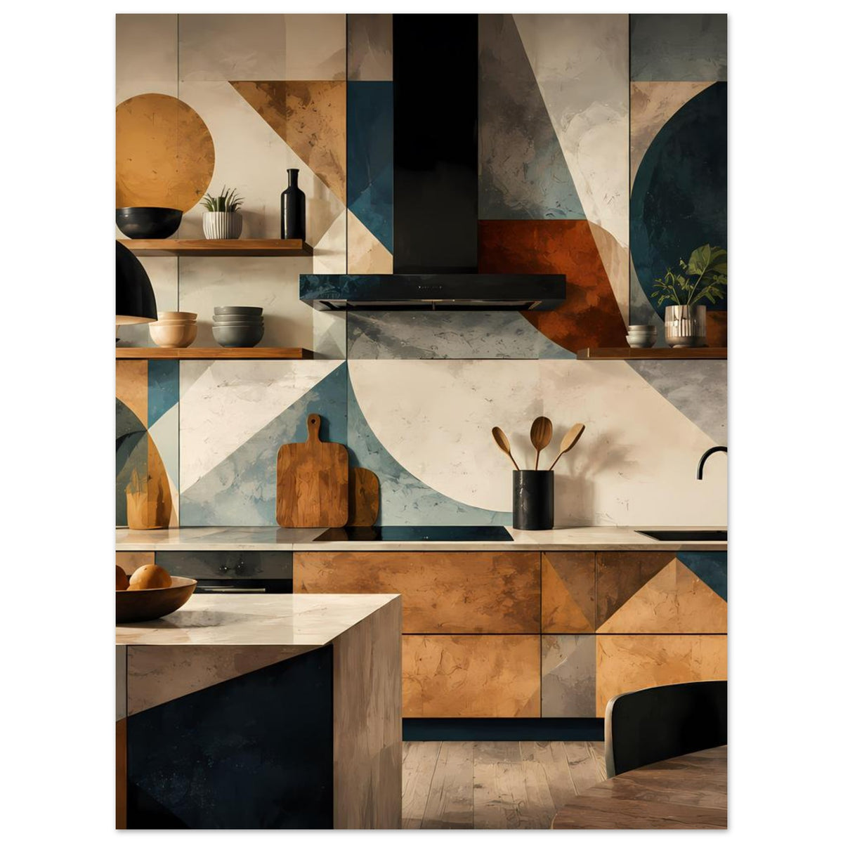 Küchenkunst-Poster mit Schneidebrett und Kochfeld, geometrische Formen in warmem Braun und Blau