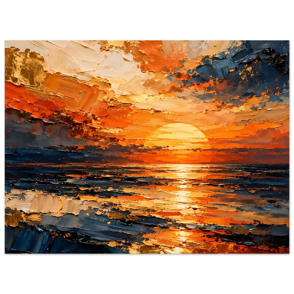Poster im Querformat mit abstraktem Meerblick: orange Himmelstreifen und blau-dunkle Wellen