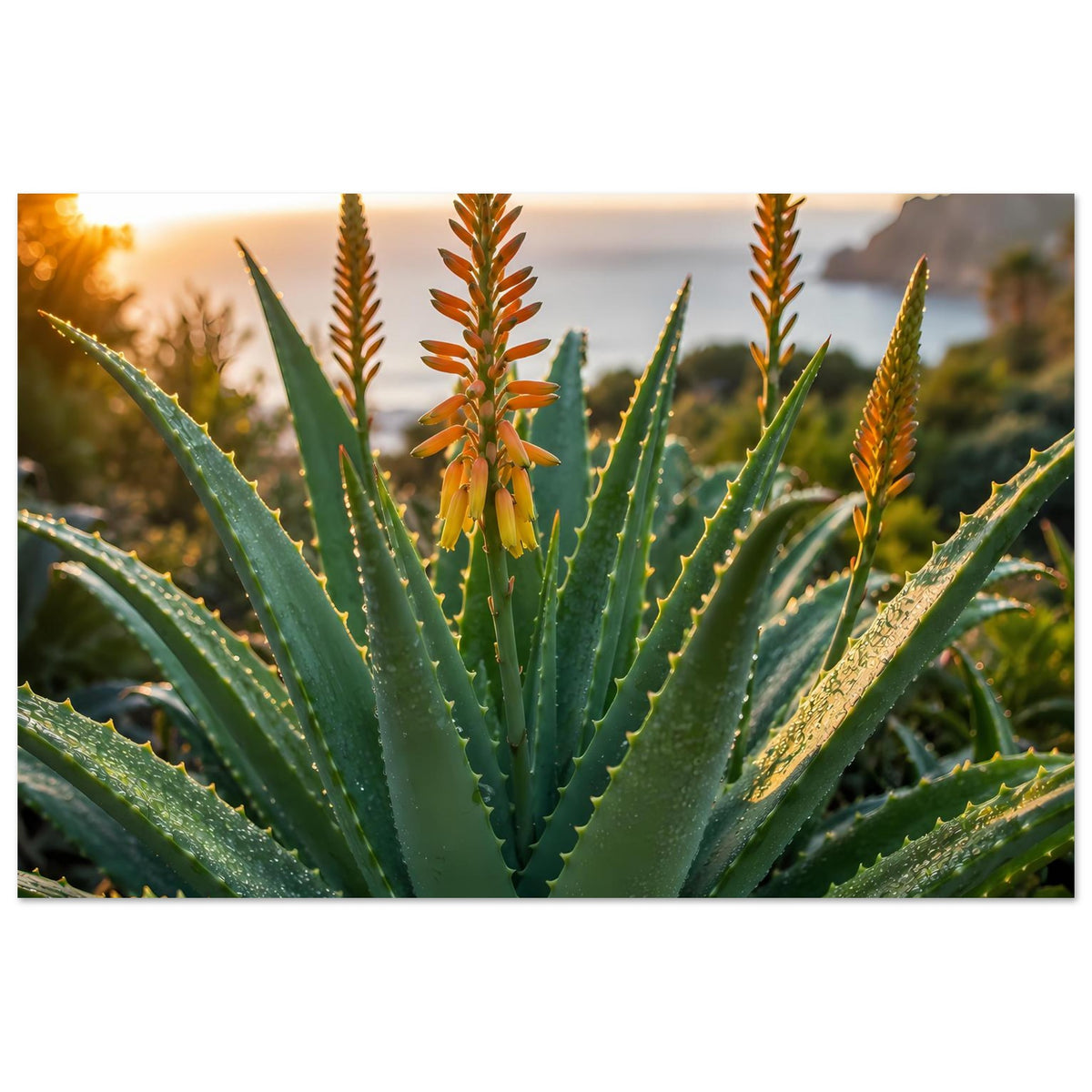 Querformat-Poster mit Aloe-Rosette, grünen Blättern und orange Blüten vor Landschaft im Abendlicht
