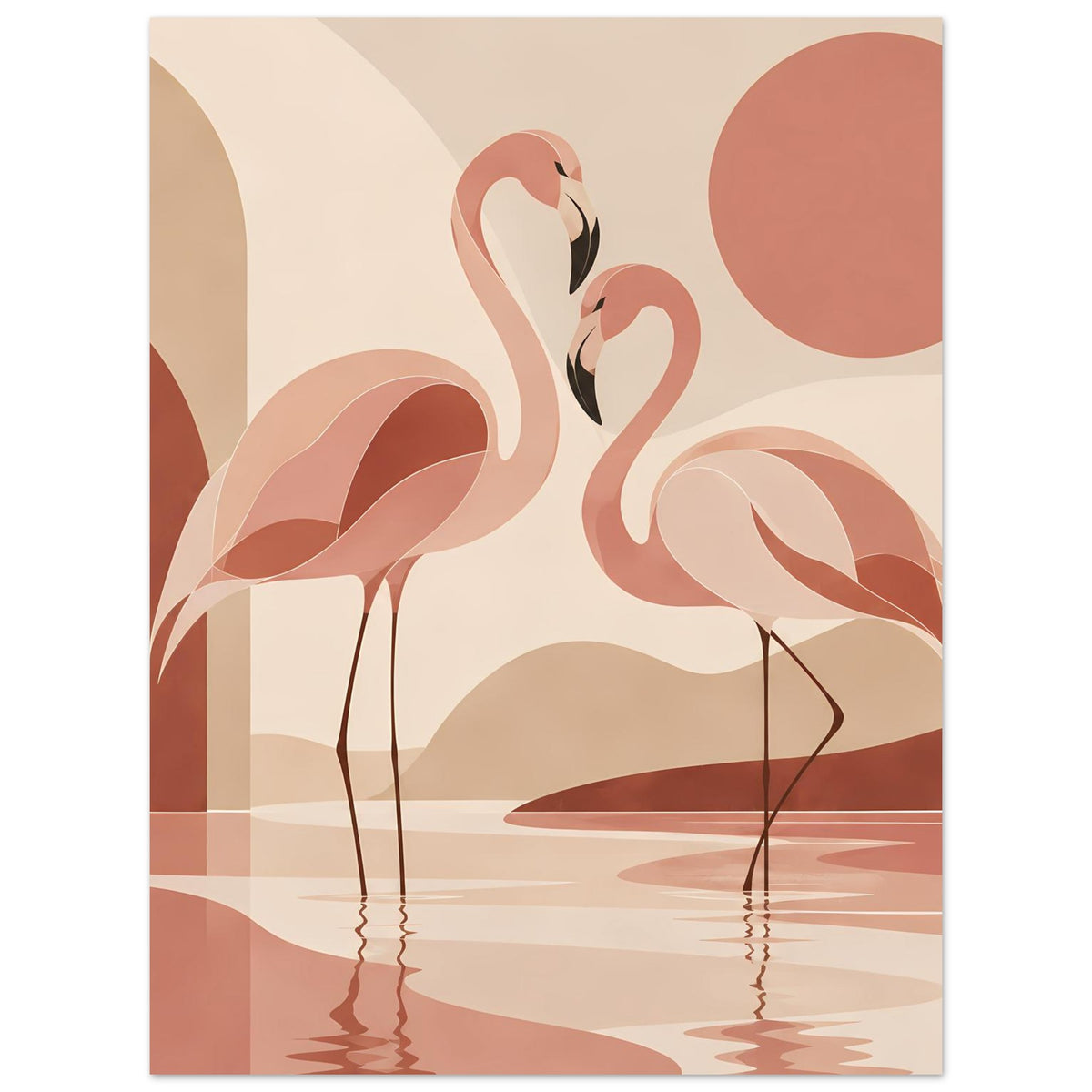 Naturposter im Hochformat mit zwei Flamingos, warmes Boho-Design und Wasserreflexen