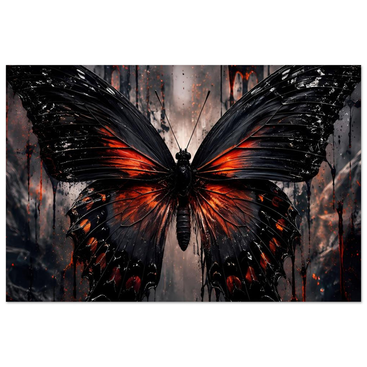Vertikales Poster mit zentriertem Schmetterling in Schwarz und Orange-Rot, dramatisches Muster