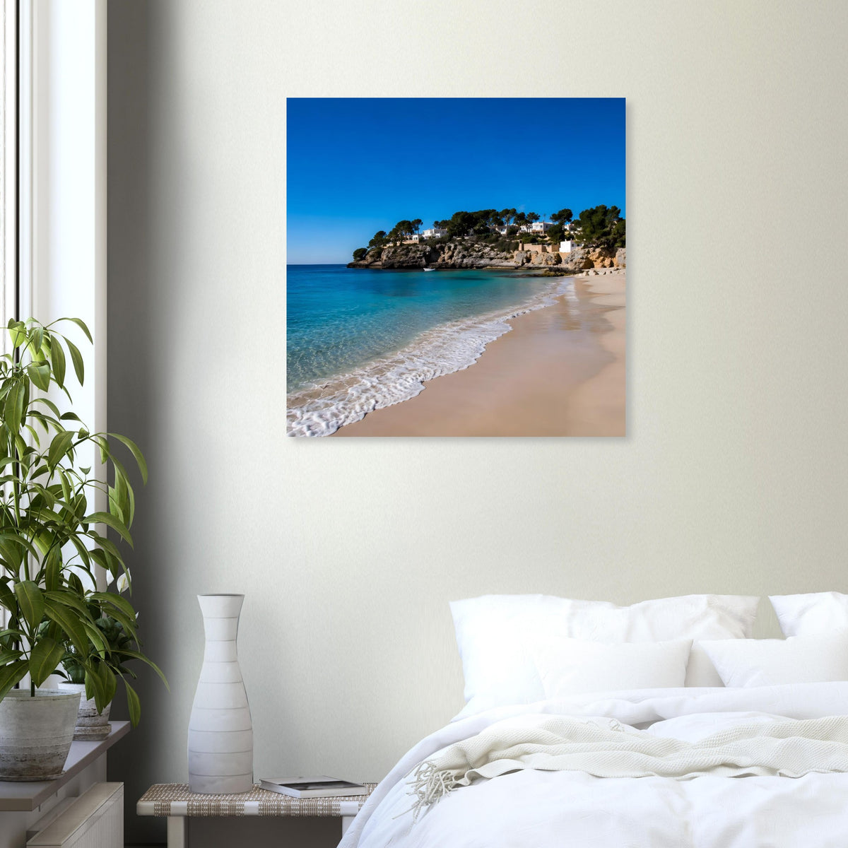 Quadratisches Poster mit türkisem Meer, Sandbucht und Küstenriff