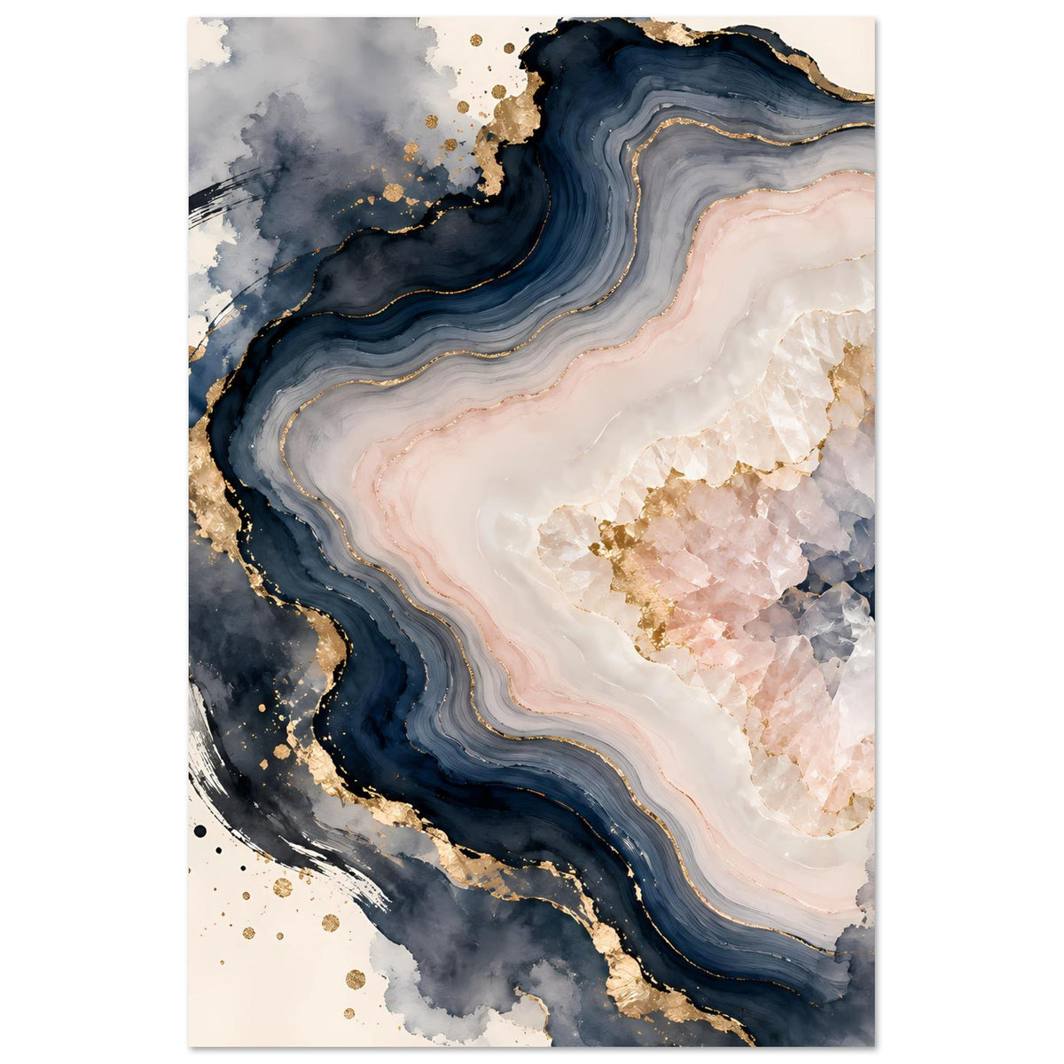 Abstraktes Geoden-Poster in Rosé und Blau mit Goldakzenten, hochkant