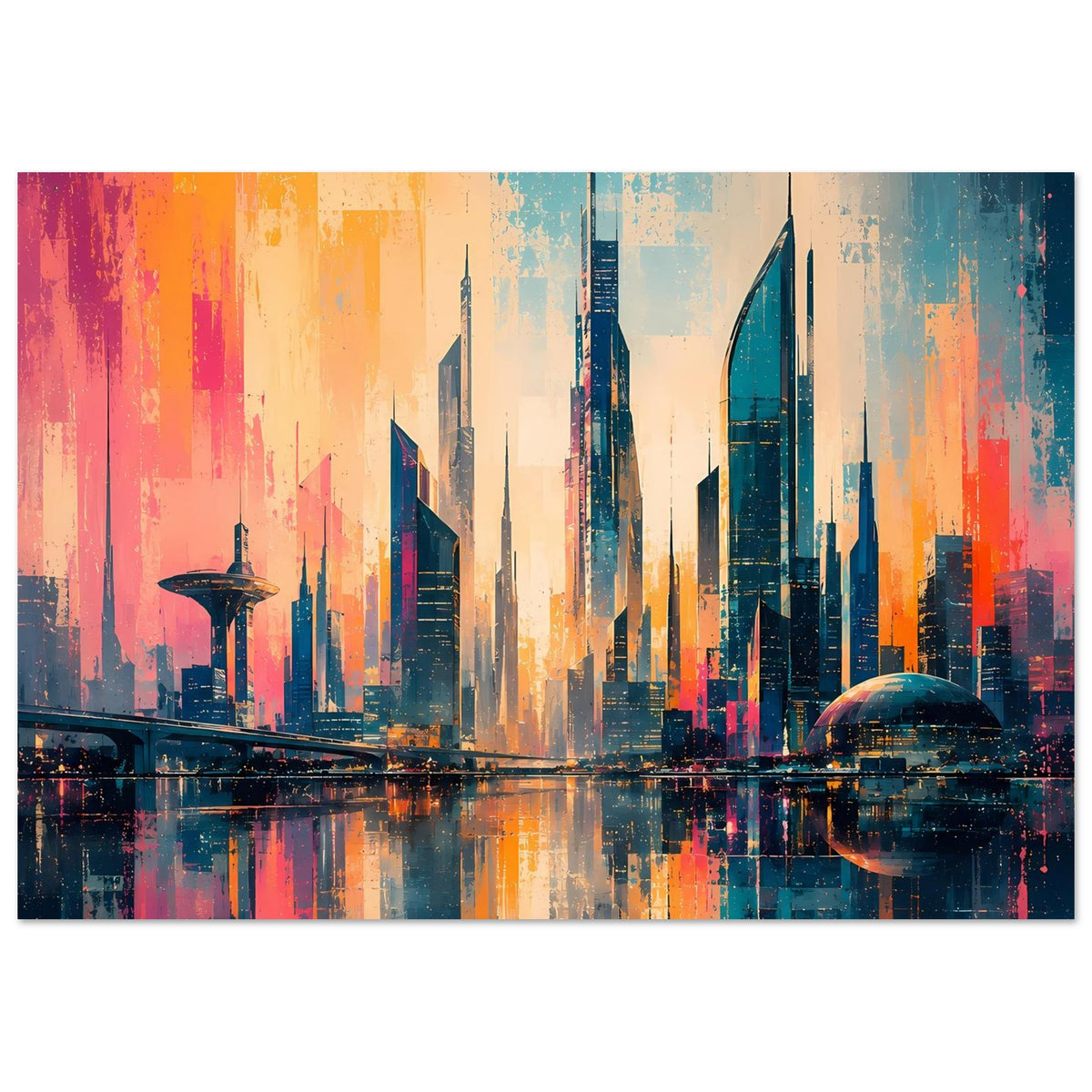 Horizontales Stadtposter: bunte Skyline in Orange und Blau mit reflektierender Wasseroberfläche