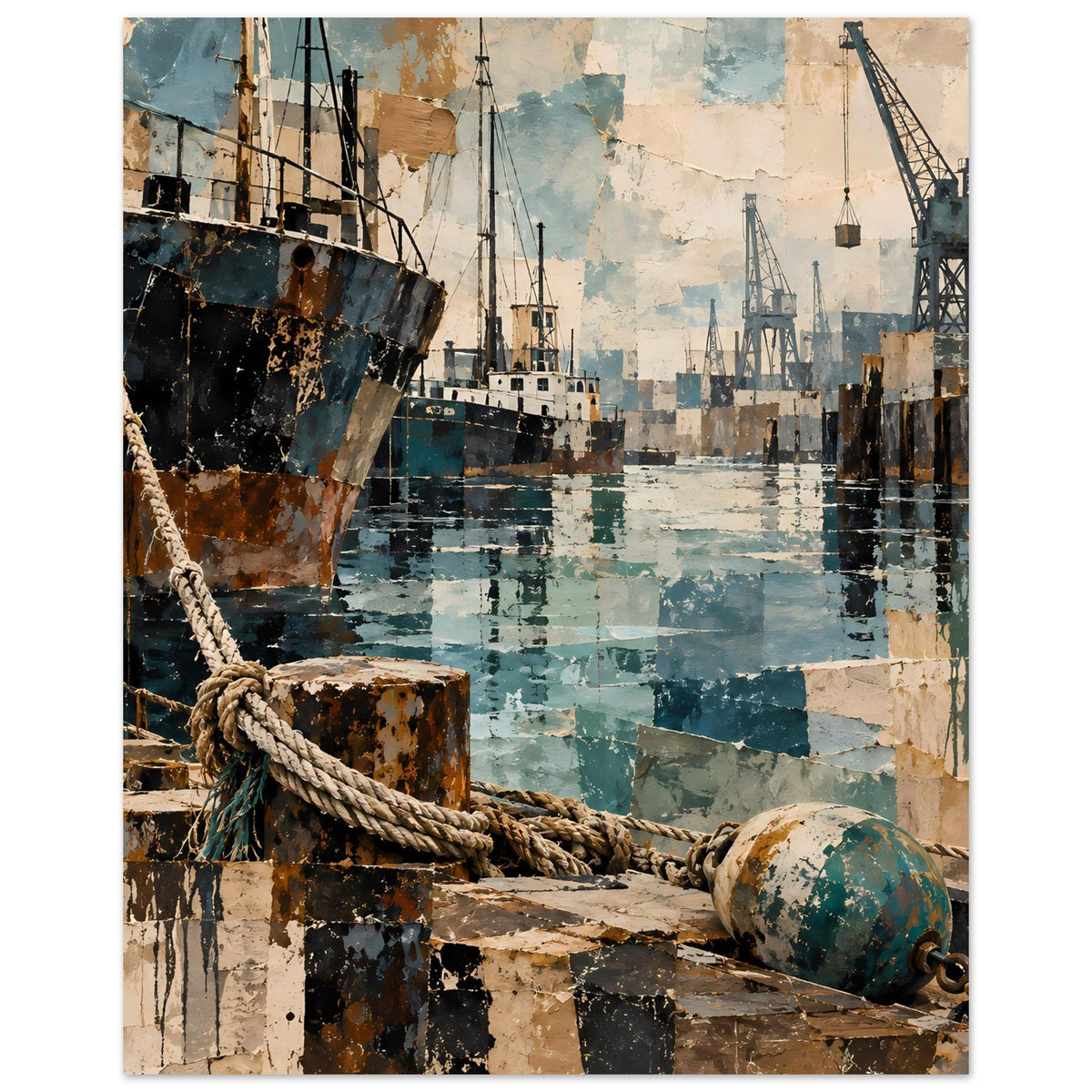 Maritimes Poster: verladener Hafen mit Schiffen, Kettenseil am Poller und Kränen