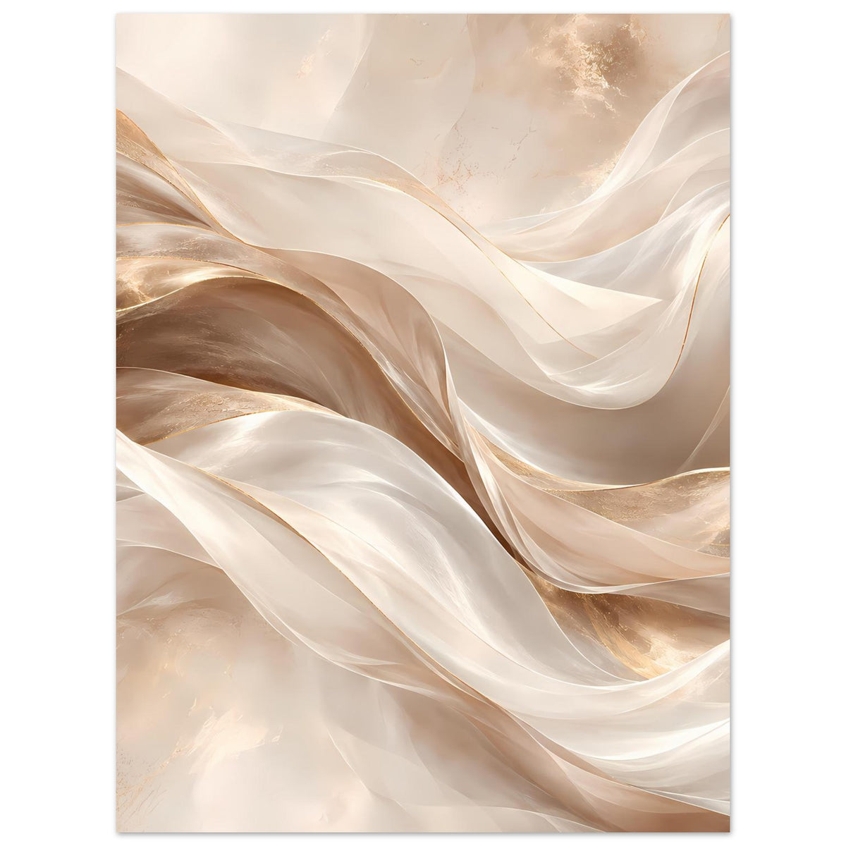 Abstraktes Wellen-Poster in Creme-, Beige- und Goldtönen, vertikal gerahmt