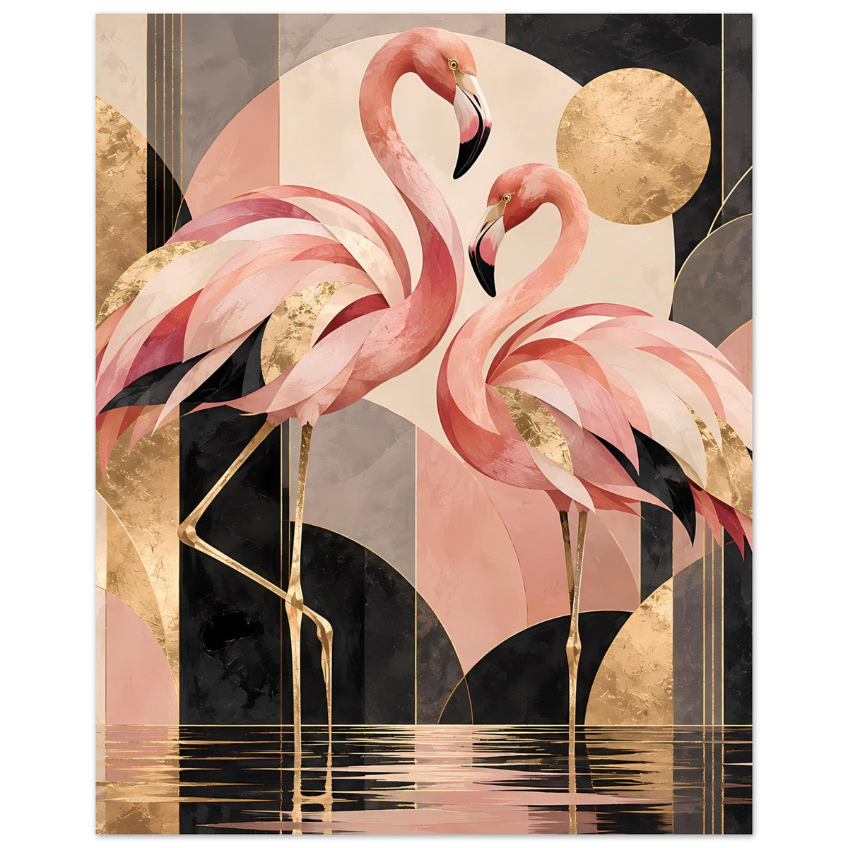 Zwei rosa Flamingos vor geometrischem Hintergrund mit Goldakzenten in Schwarz und Creme – Posteransicht 17