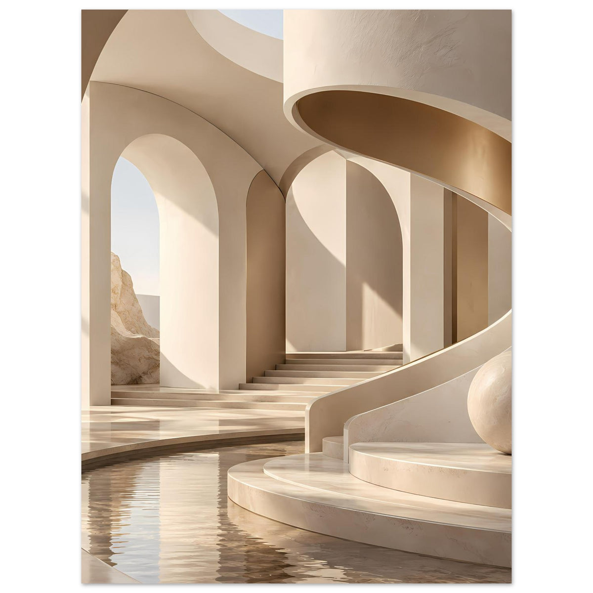 Architekturposter mit warmen Marmor-Arkaden, geschwungenem Sims und Wasserbecken