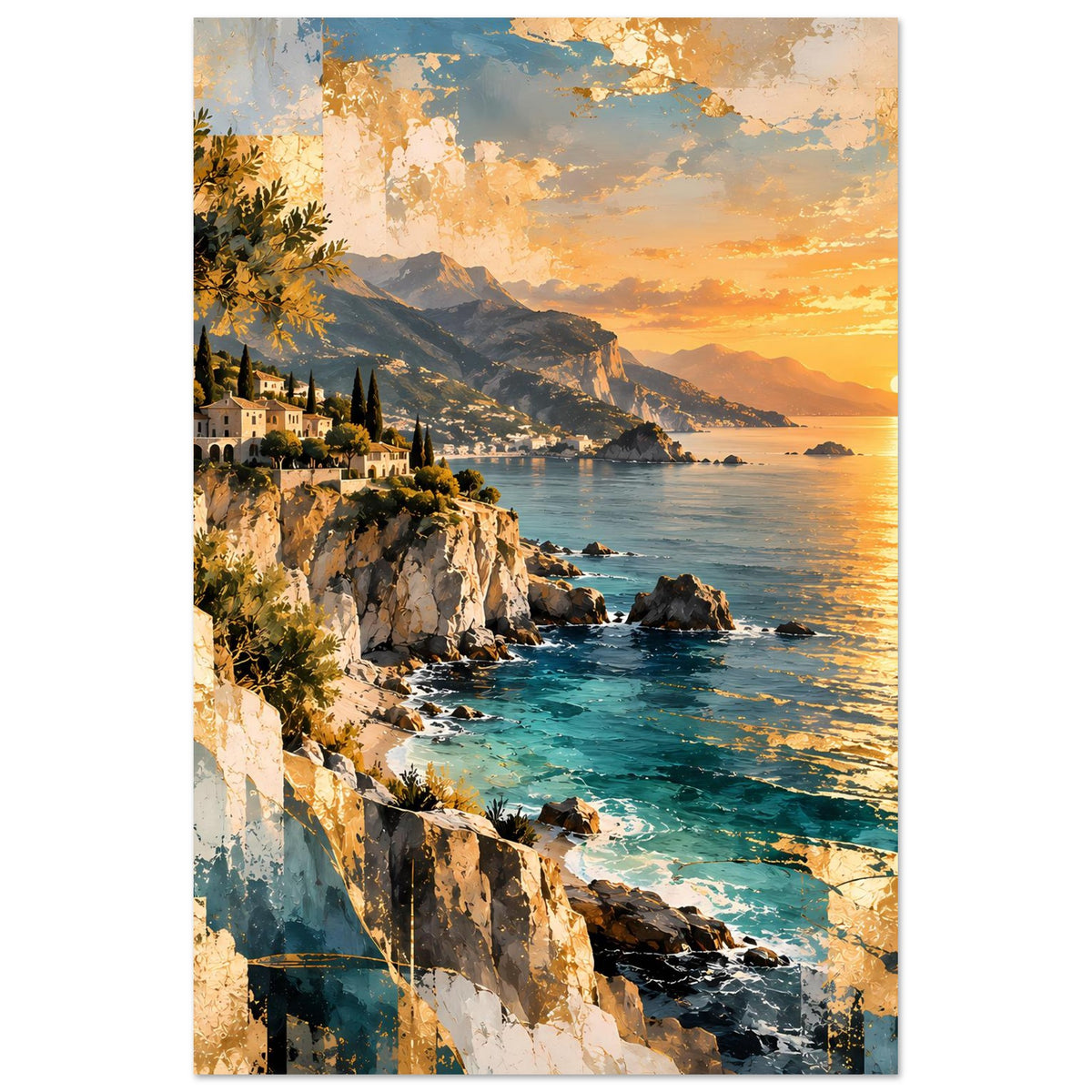 Vertikaler Kunstdruck: Küstenlandschaft mit Sonnenuntergang, türkisfarbenem Wasser, Felsklippen und Bergen.