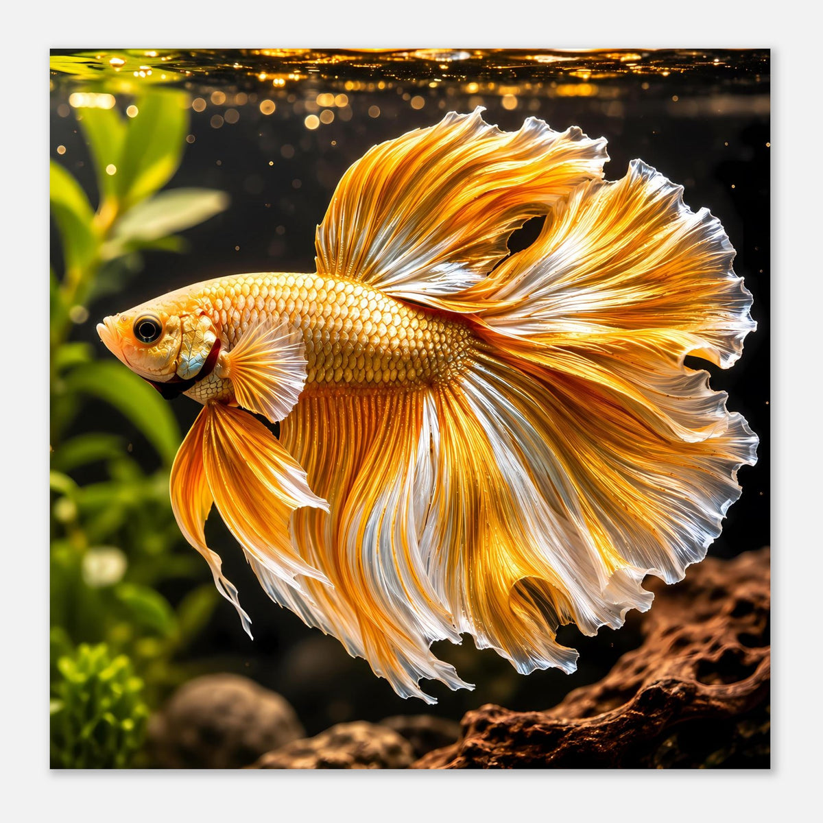 Deko-Poster: goldener Kampffisch mit orange-weiß marmorierten Flossen