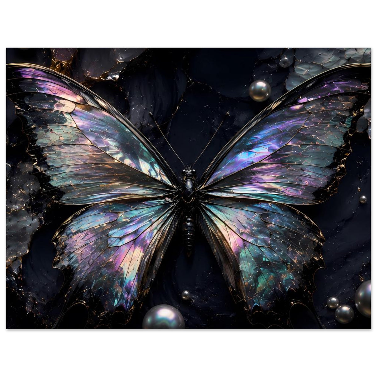 Panorama-Schmetterling-Poster mit irisierenden Flügeln in Blau und Lila auf dunklem Hintergrund
