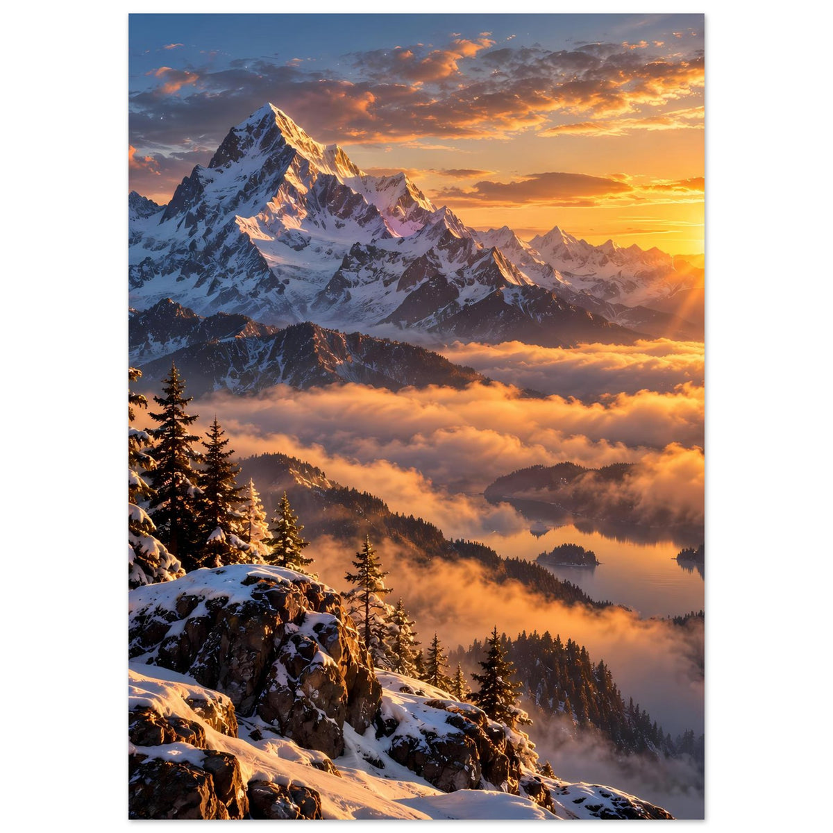 Vertikales Poster mit verschneiten Berggipfeln, Tannenwald unten und warmem Wolkenhimmel