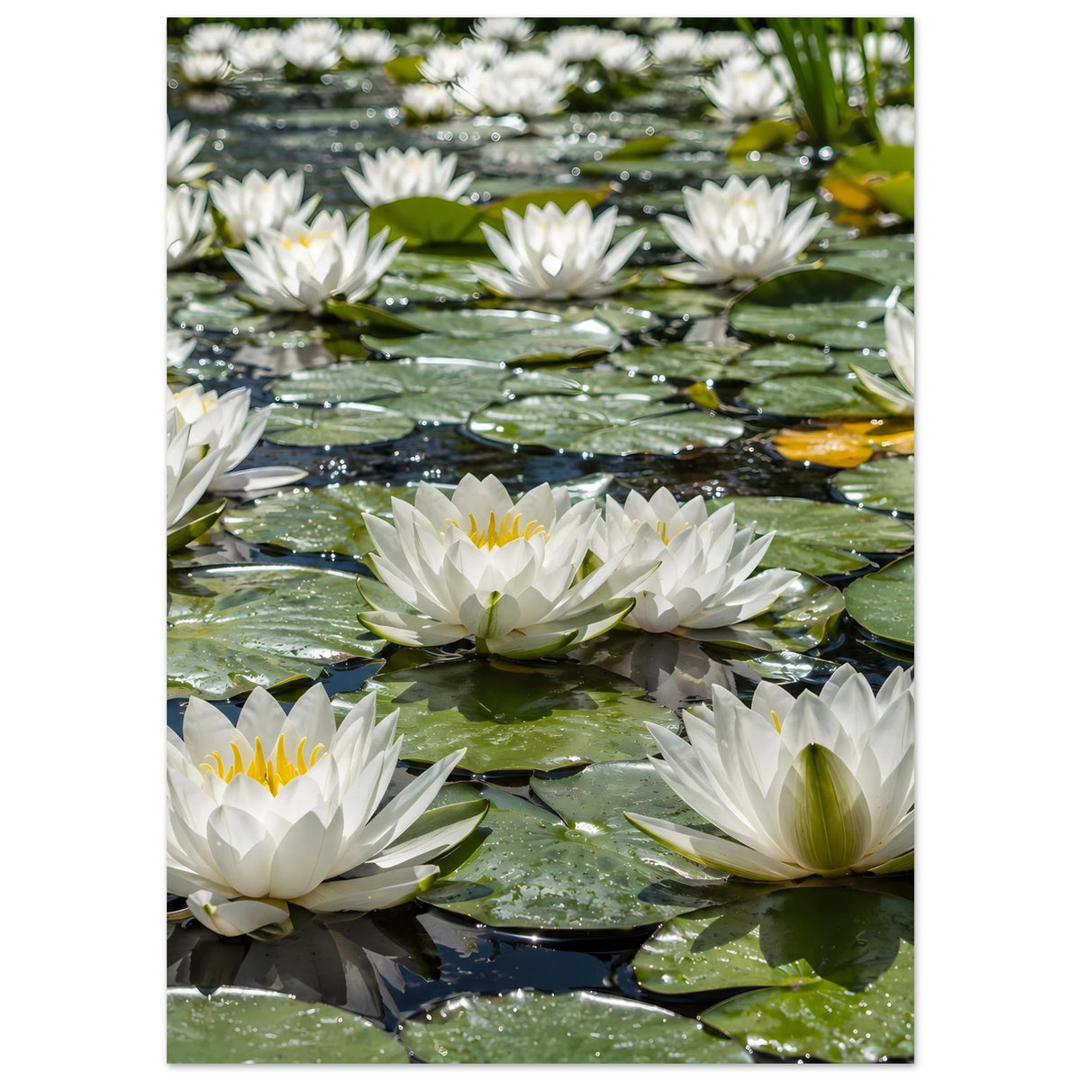 Poster mit weißen Seerosen und grünen Wasserpflanzen, mehrere Blüten überlappend im Vordergrund