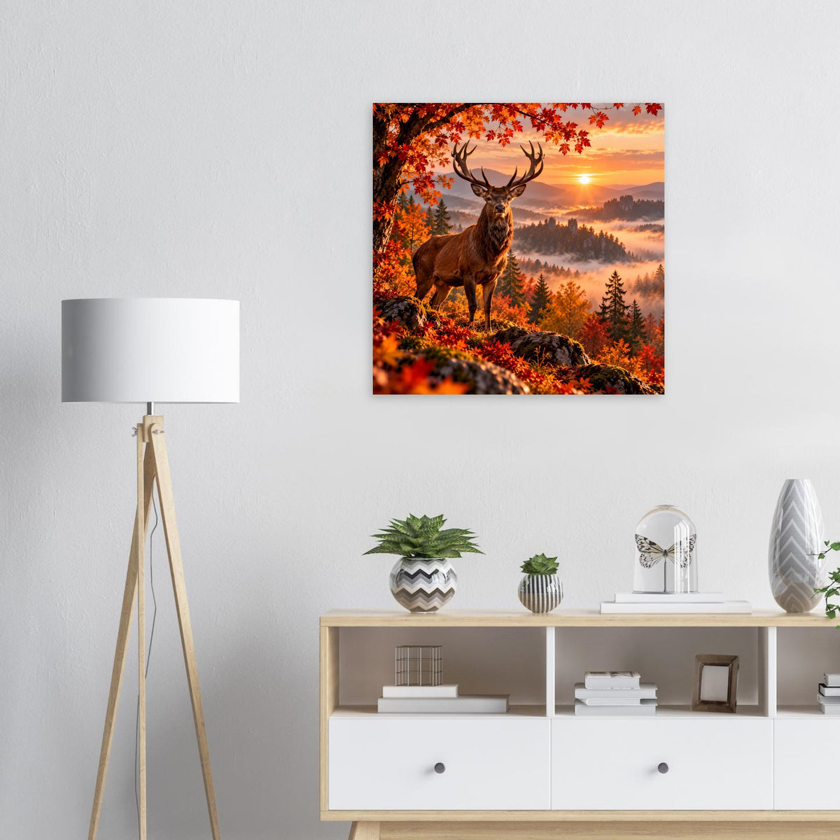Herbstliches Hirsch-Poster mit orangefarbenem Laub und Sonnenuntergangslandschaft.