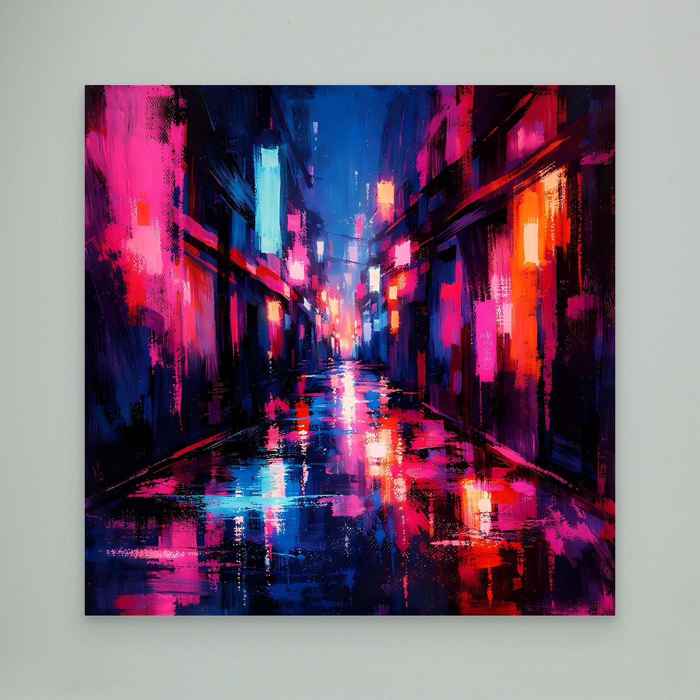 Leinwand Cyberpunk Nachtgasse im Regen | Modernes Neon Wandbild